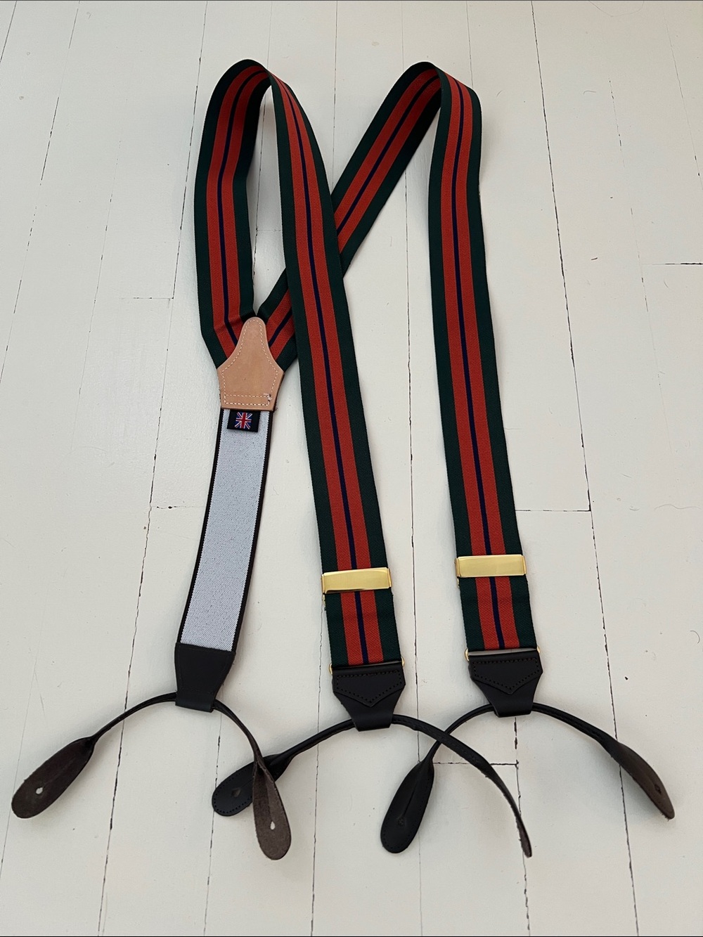 NWOT Albert Thurston Green/Orange/Navy Striped Brown Leather Trim Suspenders
